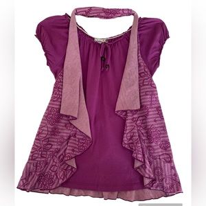 Speechless Shirt Top Short Sleeves Tie Back Solid Floral Purple Girls Size L